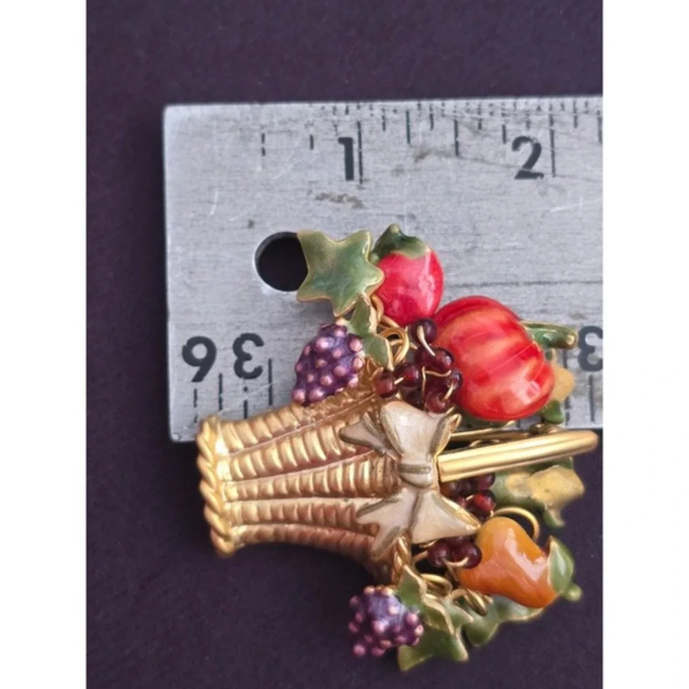 Vintage Fruit Basket Brooch Gold Tone Enamel Harvest Cornucopia‎ Pin 2 Inch